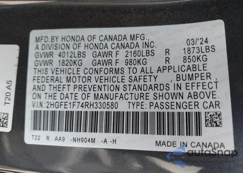2024 Honda Civic Ex from USA, damaged, VIN 2HGFE1F74RH330580